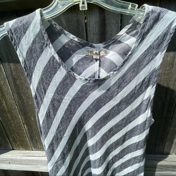 Flax Linen Dress Grey/White Striped Medium Asymmetrical - Picture 3 of 3